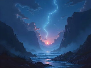 Lightning and clouds over the ocean at sunset with surf breaking against the cliffs