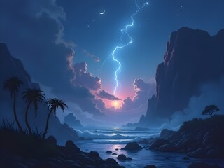 Lightning and clouds over a tropical beach at sunset with surf breaking against the cliffs