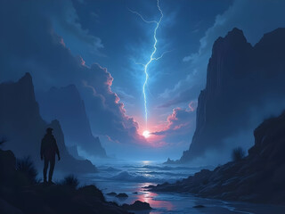 Lightning and clouds over the ocean at sunset with surf breaking against the cliffs, person looks out over the scene