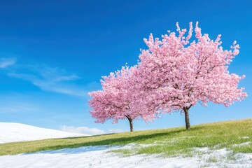Naklejka premium Seasonal background concept. Two blooming cherry trees stand on a grassy hill, surrounded by a snowy landscape under a clear blue sky, showcasing the beauty of spring.