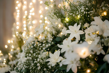 Seasonal floral display with festive white flowers and glowing lights