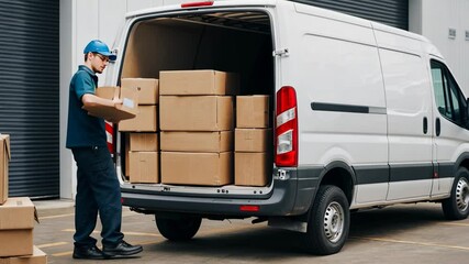 Delivery Man Loading Cardboard Boxes into Van
