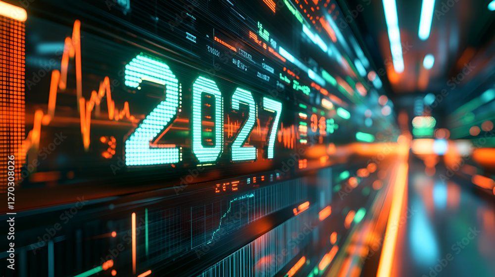 Poster future vision: bold futuristic display showcasing the year 2027 with dynamic data streams, illuminat