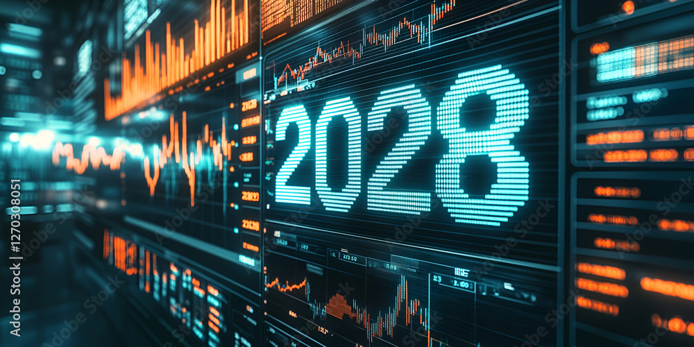 Poster future forecast 2028: digital screens showcase a futuristic financial data visualization with the ye