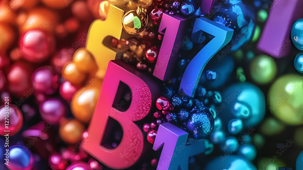 Poster colorful numeric abundance: a captivating macro shot of a vibrant array of 3d numbers and spheres, e