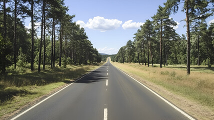 Fototapeta premium Open Road to Horizon: An expansive view of a straight road disappearing towards the horizon, flanked by tall, verdant trees and under a clear blue sky.