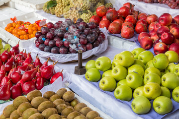 Asia, India, Mumbai. Fresh fruit on display at street market.