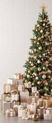 A beautifully styled Christmas tree on a white brick wall is adorned with elegant gift boxes in various shapes and sizes, Gift Box Arrangement, White Brick Wall, Christmas Tree Centerpiece