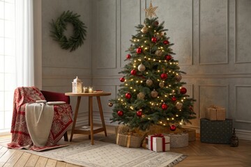 A beautifully lit Christmas tree standing next to a small wooden table adorned with festive linens and ornaments, pinecones, holiday decor, Christmas tree, twinkling lights, ornaments