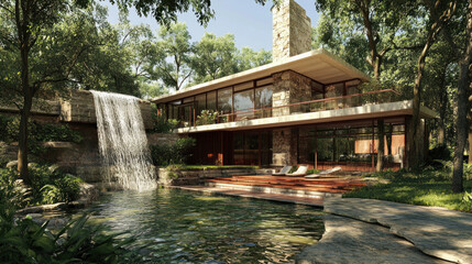 Fototapeta premium Scarpa modern villa architecture design by river waterfall