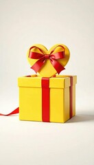 A beautifully designed yellow gift box with a heart-shaped lid and tied with a matching red ribbon, heart shaped, yellow gift box, Valentine's Day gift