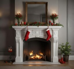A beautifully decorated mantelpiece with stockings and holly , stockings, decorations