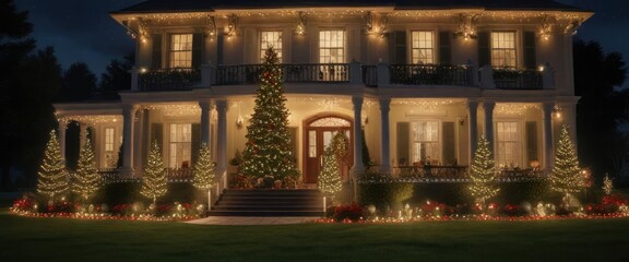 A beautifully decorated mansion with festive lights, garlands, and a large Christmas tree on its front lawn on Christmas Eve evening , large christmas tree, Christmas Eve, grand entrance