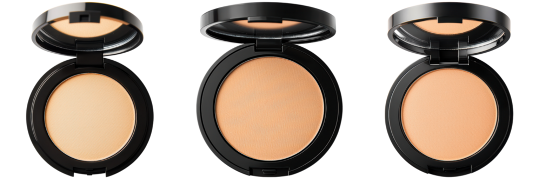 Close-up View of Various Makeup Powder Compacts on White Background