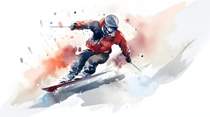 Skiing or snowboarding in snowy resorts watercolor painting