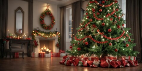 A beautifully decorated Christmas tree with red and green garlands and bows , winter wonderland, decorative garland