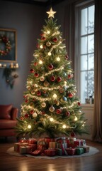 A beautifully decorated Christmas tree with ornaments and lights, evergreen, holiday