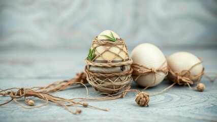 A beautifully decorated Easter egg made from natural materials such as wood and woven fibers, handmade eggs, nature inspired
