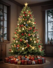 A beautifully decorated Christmas tree with ornaments and garlands , Garlands, Sparkling lights, Seasonal holiday