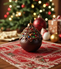 A beautifully decorated Christmas tree-shaped chocolate ball on a festive tablecloth, holiday dessert table, chocolate tree shape