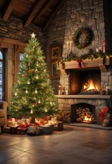 A beautifully decorated Christmas tree sits in front of a large stone fireplace, cozy home, seasonal charm, christmas tree