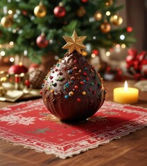 A beautifully decorated Christmas tree-shaped chocolate ball on a festive tablecloth, festive holiday food, seasonal dessert