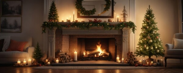 A beautifully decorated Christmas tree is placed on a mantel in front of a crackling fireplace with candles and evergreen branches, holiday season, warm glow, seasonal decoration