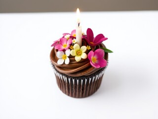 A beautifully decorated chocolate cupcake adorned with edible flowers and a single lit candle on a white background, floral arrangement, edible flowers, springtime dessert