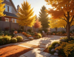A beautifully decorated backyard with warm golden light and vibrant fall foliage during autumn, cozy ambiance , nature scenes