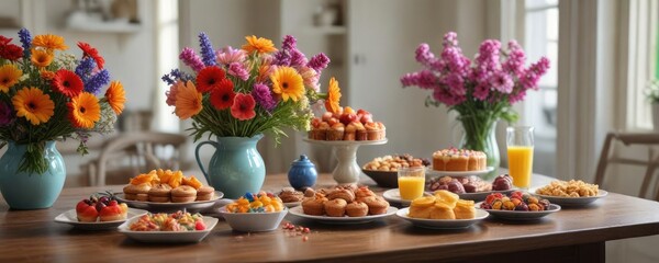 A beautifully decorated breakfast table with a stunning vase of colorful flowers and a variety of sweet treats, butter, pancakes