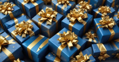 A beautifully arranged stack of colorful presents all wrapped in identical blue and gold paper, topped with elaborate golden bows , present, gift