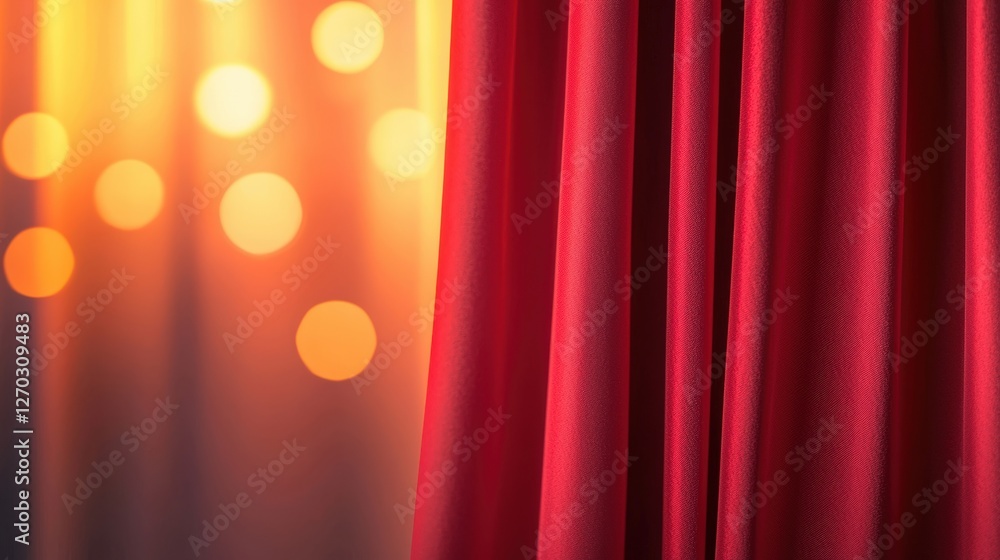 Poster a vibrant close-up of red curtains, softly illuminated by warm bokeh lights, creating a dramatic and