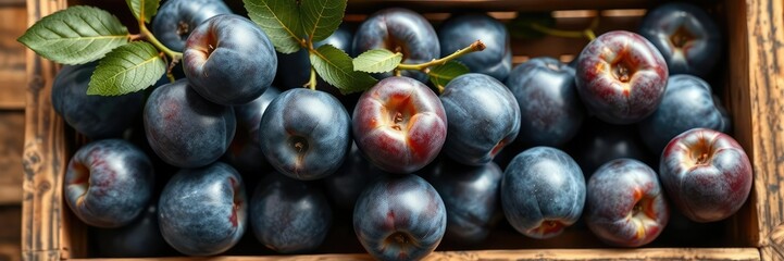 A beautiful image of a cluster of ripe blue plums arranged artfully in a wooden crate, , crates