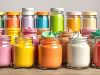 A beautifully arranged collection of bright and pastel-colored paints in glass jars, artistic materials, color palette