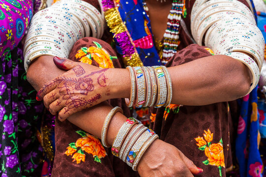 South Asia, India, Republic of India. Traditional Bhuj, Vagadiya, Rabari indian henna for hands, and jewelry for women.