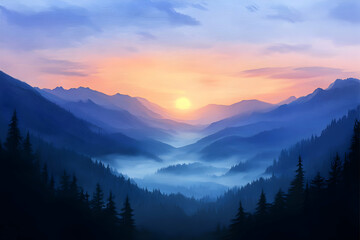 Obraz premium Serene mountain landscape at sunset with soft mist rising