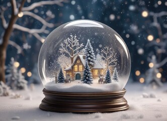 A beautiful glittery snow globe filled with sparkling snowflakes and miniature winter wonderland scene inside, mini winter wonderland, wintery charm, soothing ambiance