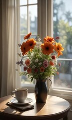 A beautiful floral arrangement is placed on a side table beside a steaming cup of coffee that sits next to an open window in a sunny room, room, serene, coffee