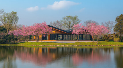 Fototapeta premium Scarpa modern villa architecture design by calm lakeside pink cherry blossom at spring