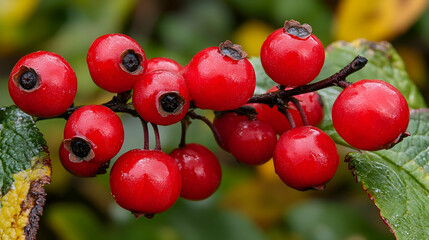 Obraz premium Bright Red Berries on Green Leaves with Water Droplets
