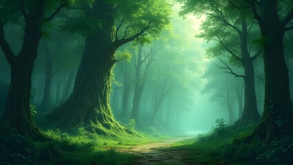Fantasy forest path through big trees and low vegetation, enchanted green landscape, digital painting