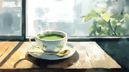 a steaming cup of matcha tea sits on a wooden windowsill, bathed in warm sunlight. The scene evokes a feeling of tranquility and serenity