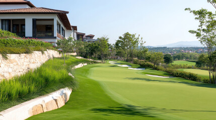 Scarpa modern villa architecture design by green grass field and blue sky background