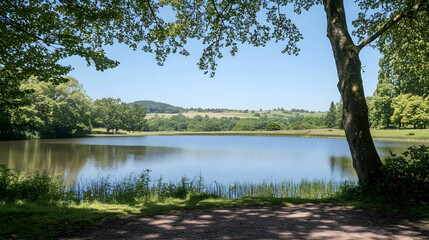 Obraz premium Serene Lake Surrounded by Lush Green Trees in a Sunny Landscape