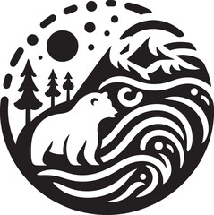 Polar bear, mountains, waves, forest, sun.