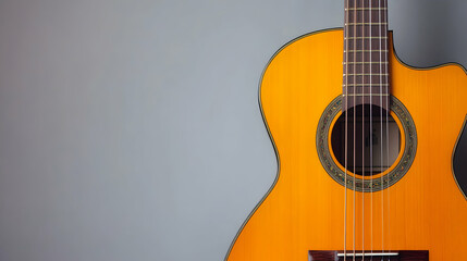 Obraz premium Acoustic Guitar Close Up with Elegant Wood Finish and Gray Background