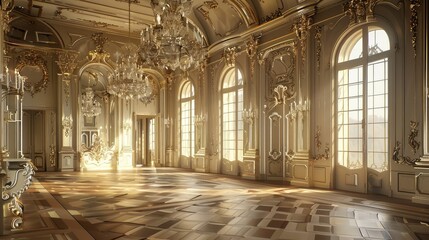 Fototapeta premium Luxurious Grand Interior with Sunlit Elegance and Opulent Chandeliers