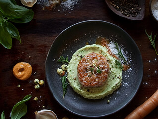 Culinary Masterpiece: Top-down shot of a gourmet dish on a dark plate with a rich, rustic vibe.
