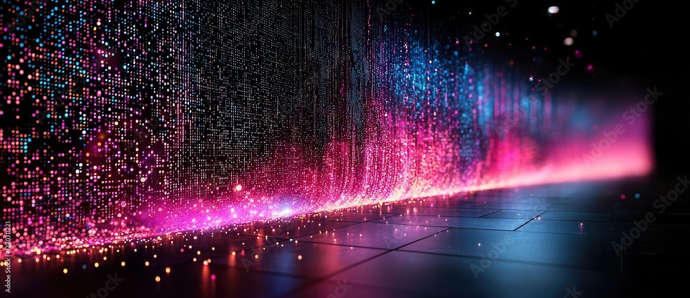 Poster futuristic digital landscape with glowing neon particles forming abstract data streams on a dark bac