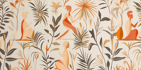 Fototapeta premium Serene Scene: An elegant botanical design seamlessly blends stylized figures with lush foliage, creating a harmonious tapestry of nature and art.